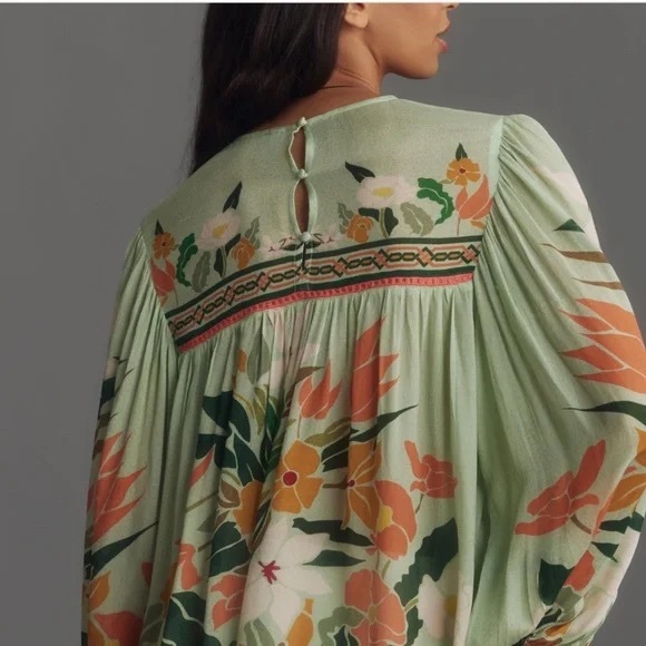 Blnk London Botanical Sage Balloon Sleeves Miranda Peasant Blouse Size Small - Picture 2 of 16
